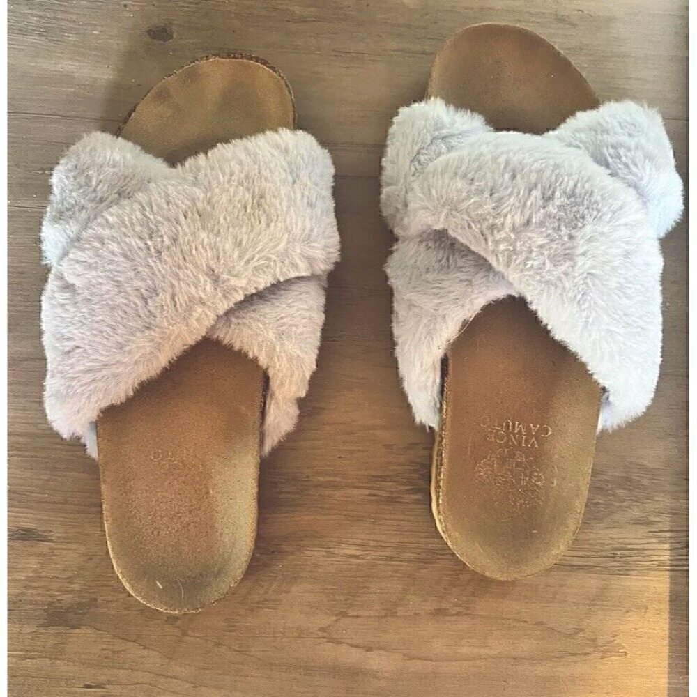 Vince Camuto Cozy Fuzzy Fur Cross Band Slide Sandals - Mayberla Size 8.5 M Blue - Picture 1 of 7